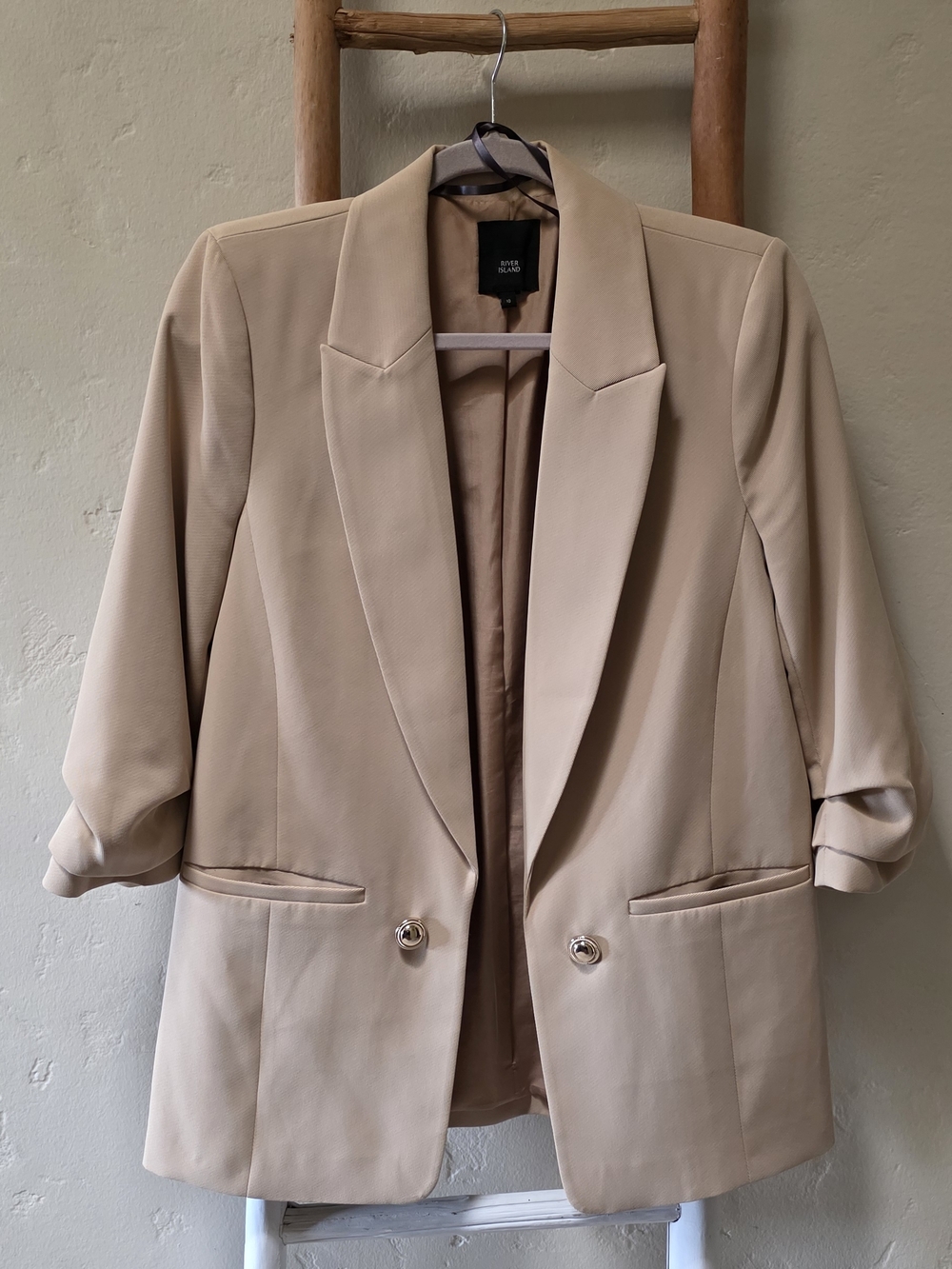 River Island Beige Pleated Sleeve Longline Blazer
